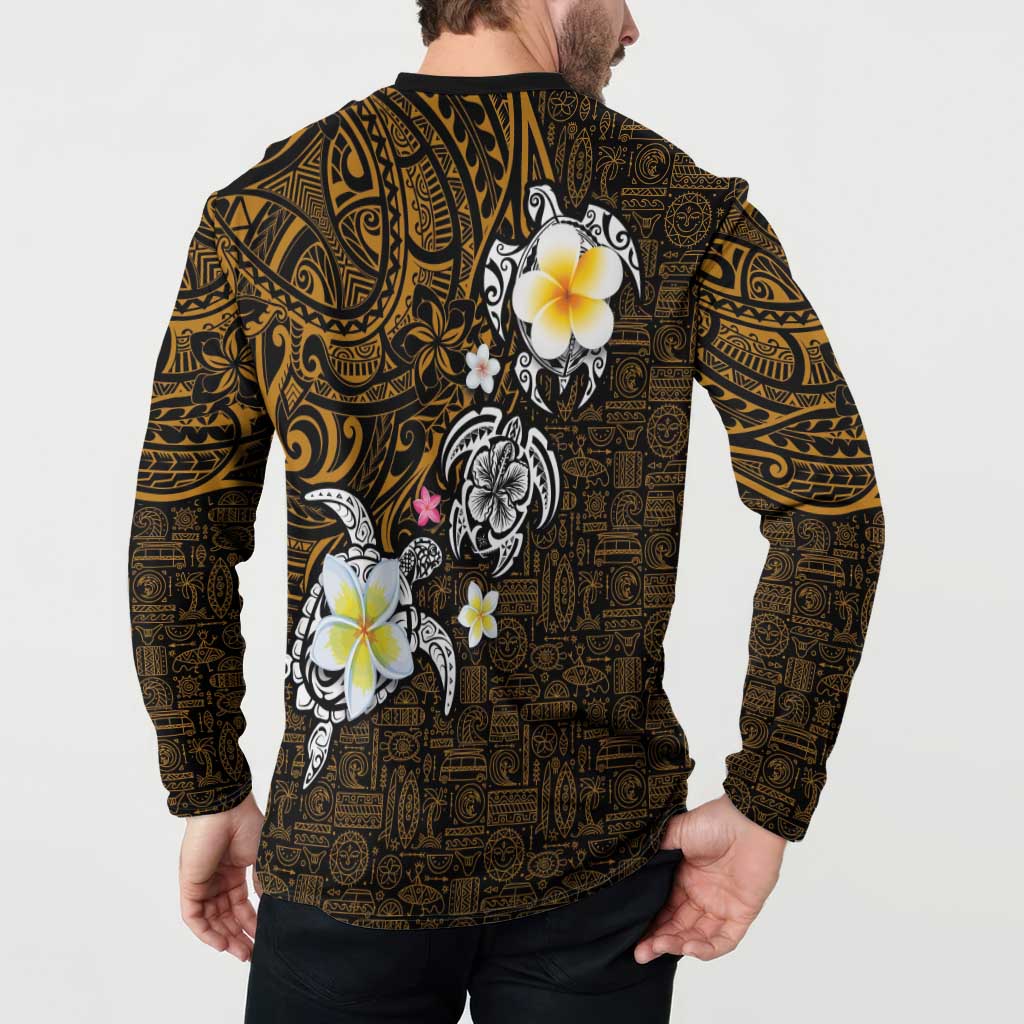 Hawaiian Turtle and Plumeria Button Sweatshirt Polynesian Tattoo and Tribal Elements Pattern Orange Color