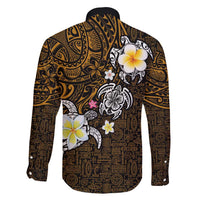 Hawaiian Turtle and Plumeria Family Matching Long Sleeve Bodycon Dress and Hawaiian Shirt Polynesian Tattoo and Tribal Elements Pattern Orange Color