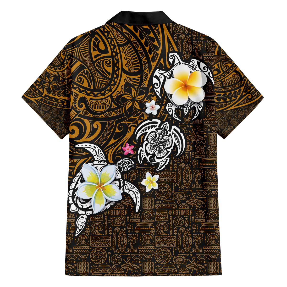 Hawaiian Turtle and Plumeria Family Matching Off The Shoulder Long Sleeve Dress and Hawaiian Shirt Polynesian Tattoo and Tribal Elements Pattern Orange Color