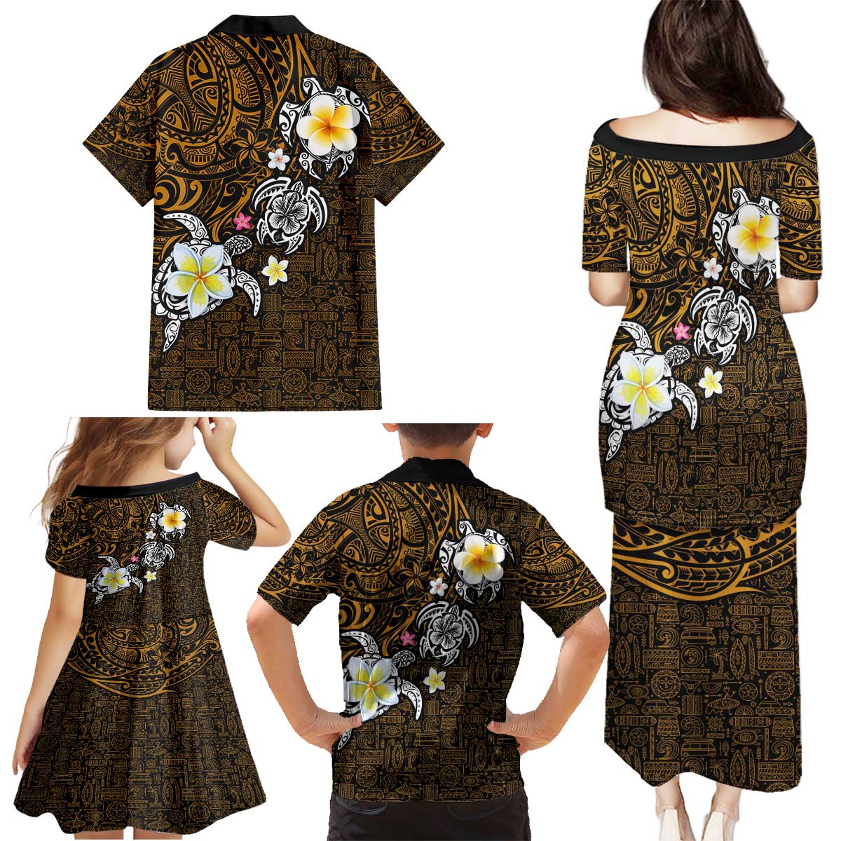 Hawaiian Turtle and Plumeria Family Matching Puletasi and Hawaiian Shirt Polynesian Tattoo and Tribal Elements Pattern Orange Color