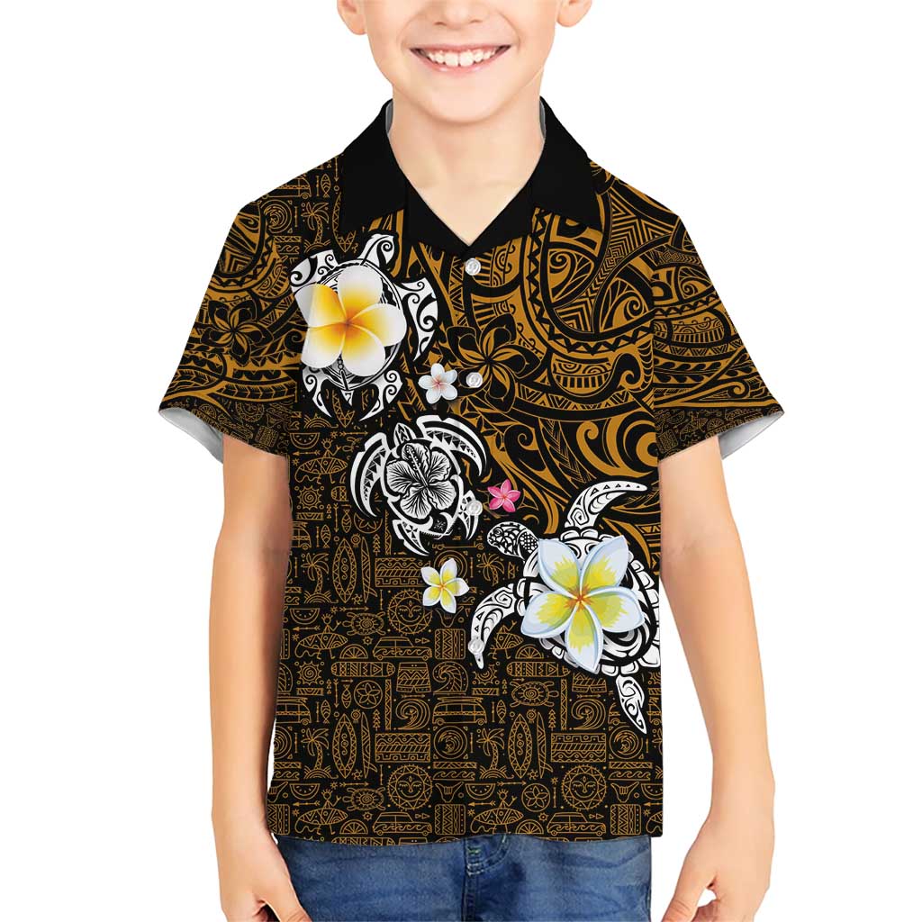 Hawaiian Turtle and Plumeria Family Matching Short Sleeve Bodycon Dress and Hawaiian Shirt Polynesian Tattoo and Tribal Elements Pattern Orange Color