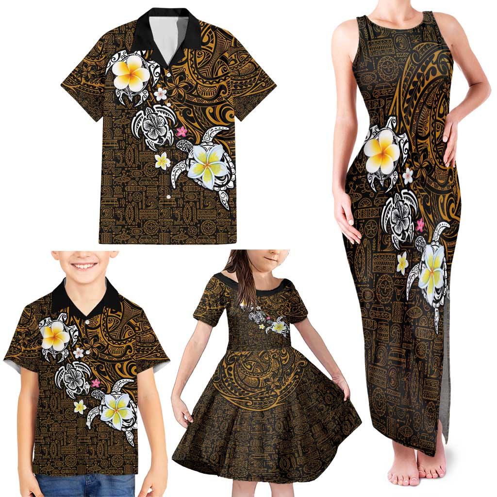 Hawaiian Turtle and Plumeria Family Matching Tank Maxi Dress and Hawaiian Shirt Polynesian Tattoo and Tribal Elements Pattern Orange Color