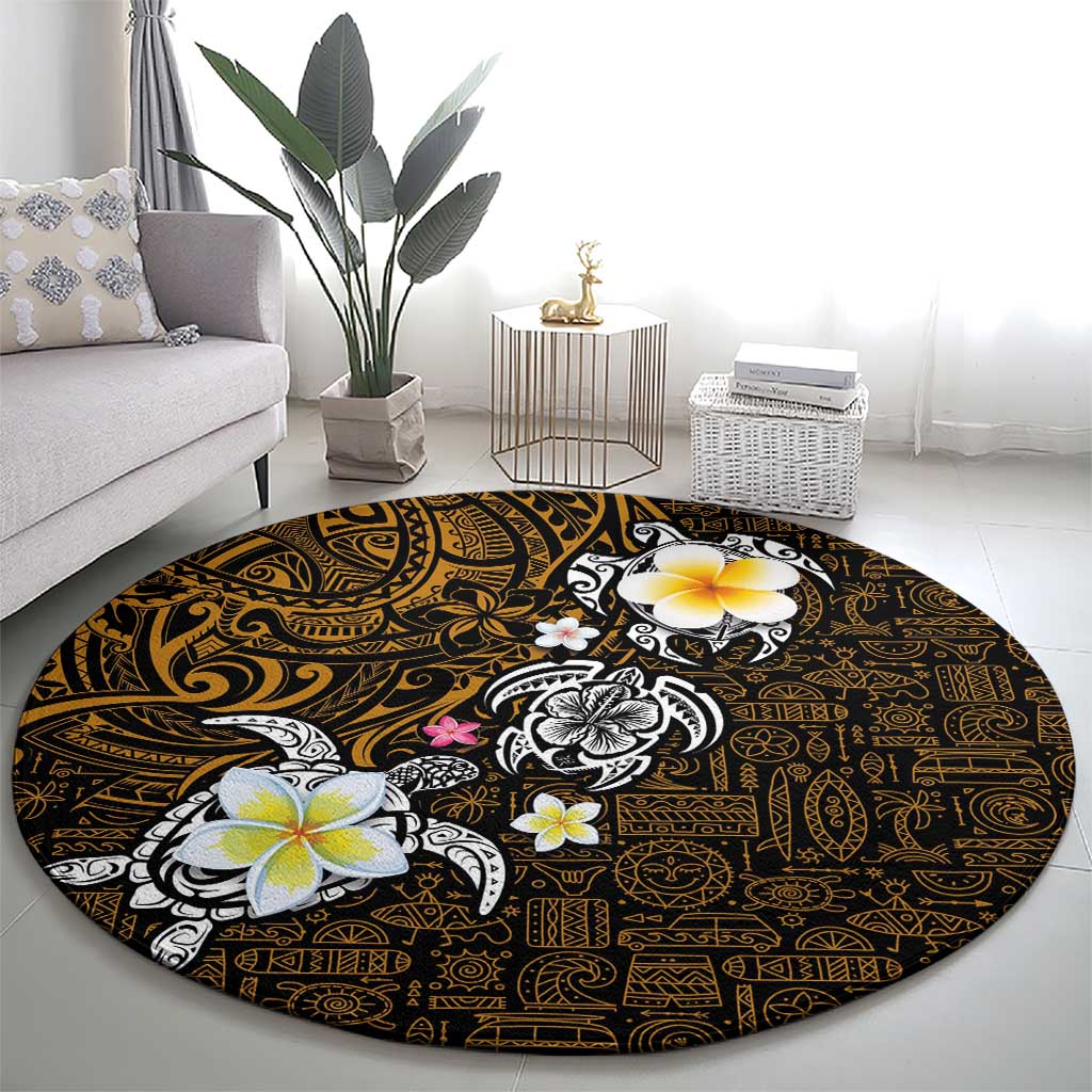 Hawaiian Turtle and Plumeria Round Carpet Polynesian Tattoo and Tribal Elements Pattern Orange Color LT03 - Polynesian Pride