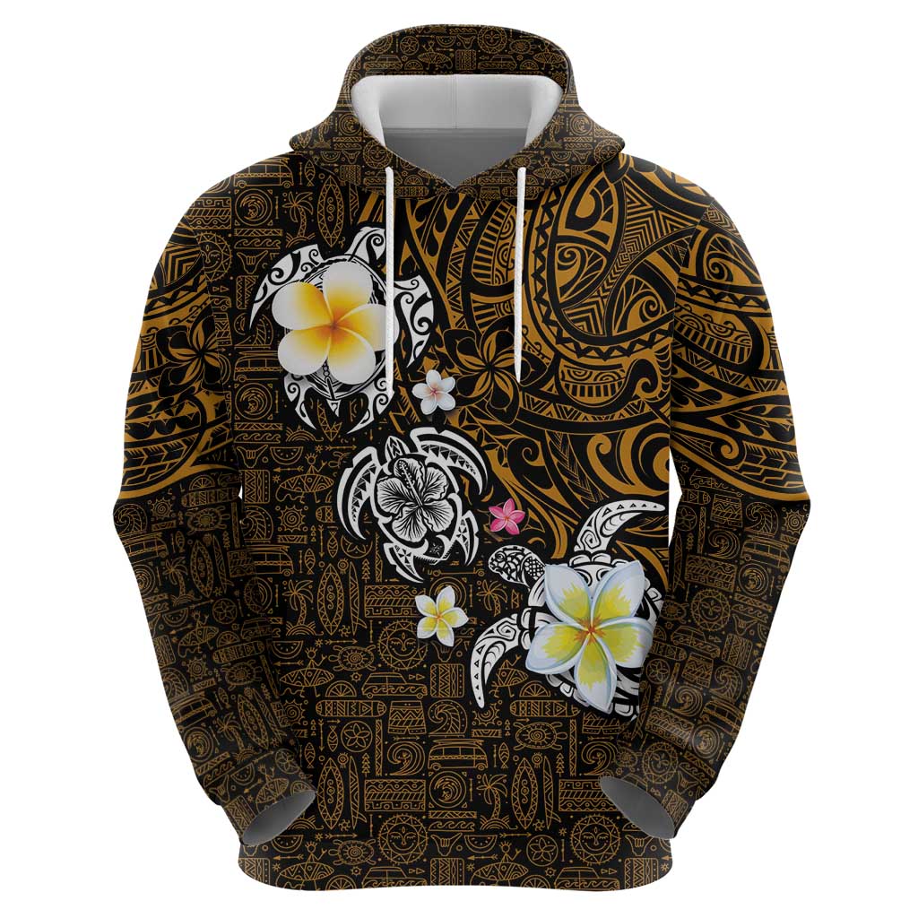Hawaiian Turtle and Plumeria Zip Hoodie Polynesian Tattoo and Tribal Elements Pattern Orange Color