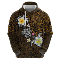 Hawaiian Turtle and Plumeria Zip Hoodie Polynesian Tattoo and Tribal Elements Pattern Orange Color
