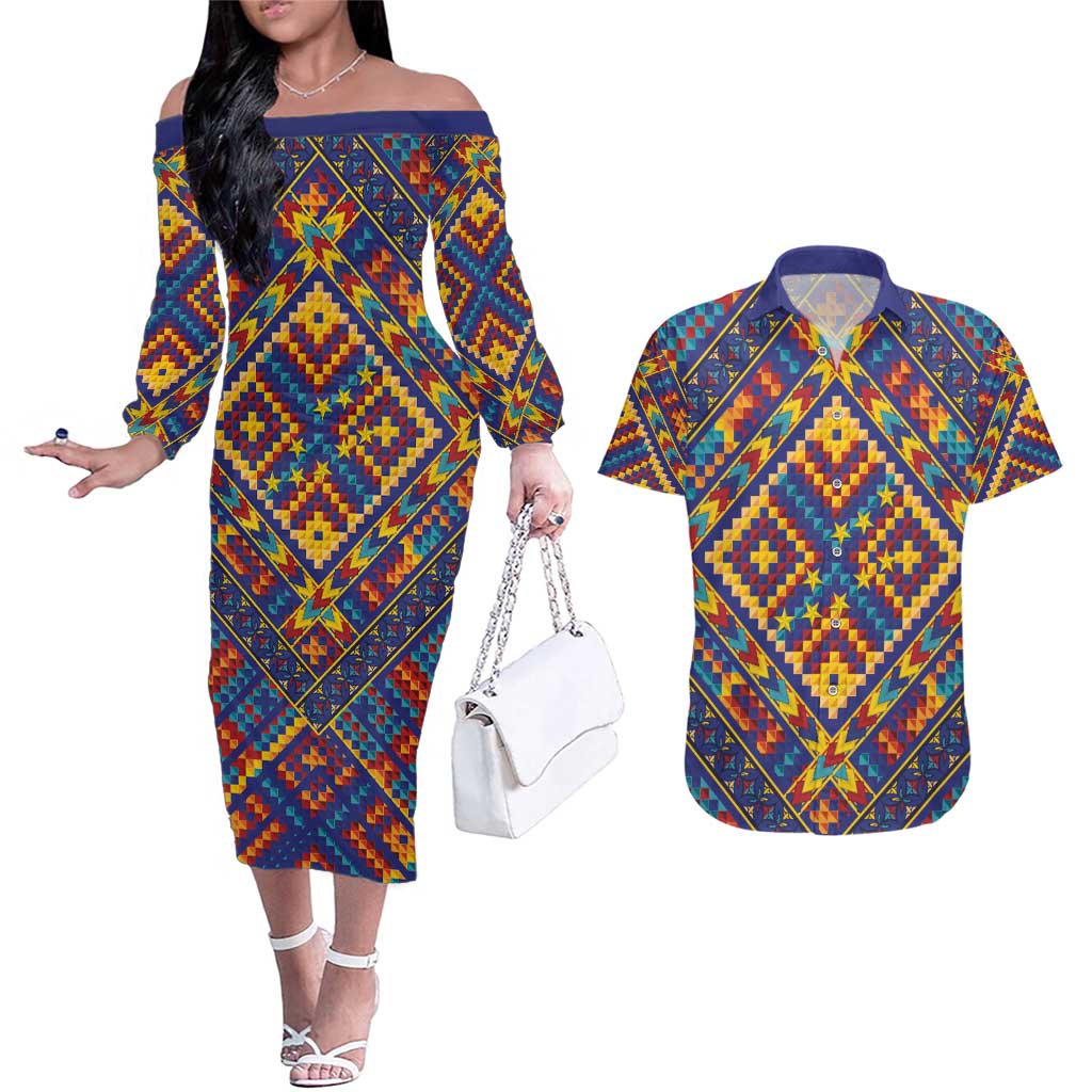 Kolose-Tuvalu Crochet Couples Matching Off The Shoulder Long Sleeve Dress and Hawaiian Shirt with Polynesian and Pacific Tattoos - Polynesian Pride