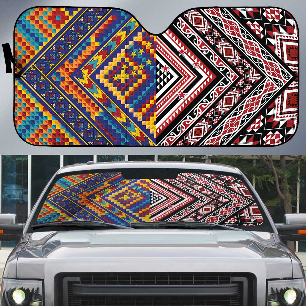 Tuvaluan and New Zealand Culture Auto Sun Shade The Art of Kolose and Taniko - Polynesian Pride
