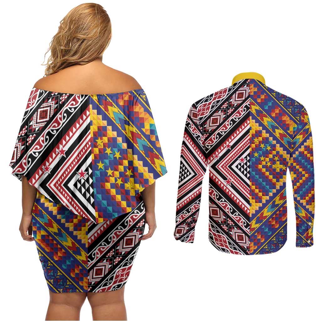 Tuvaluan and New Zealand Culture Couples Matching Off Shoulder Short Dress and Long Sleeve Button Shirt The Art of Kolose and Taniko - Polynesian Pride