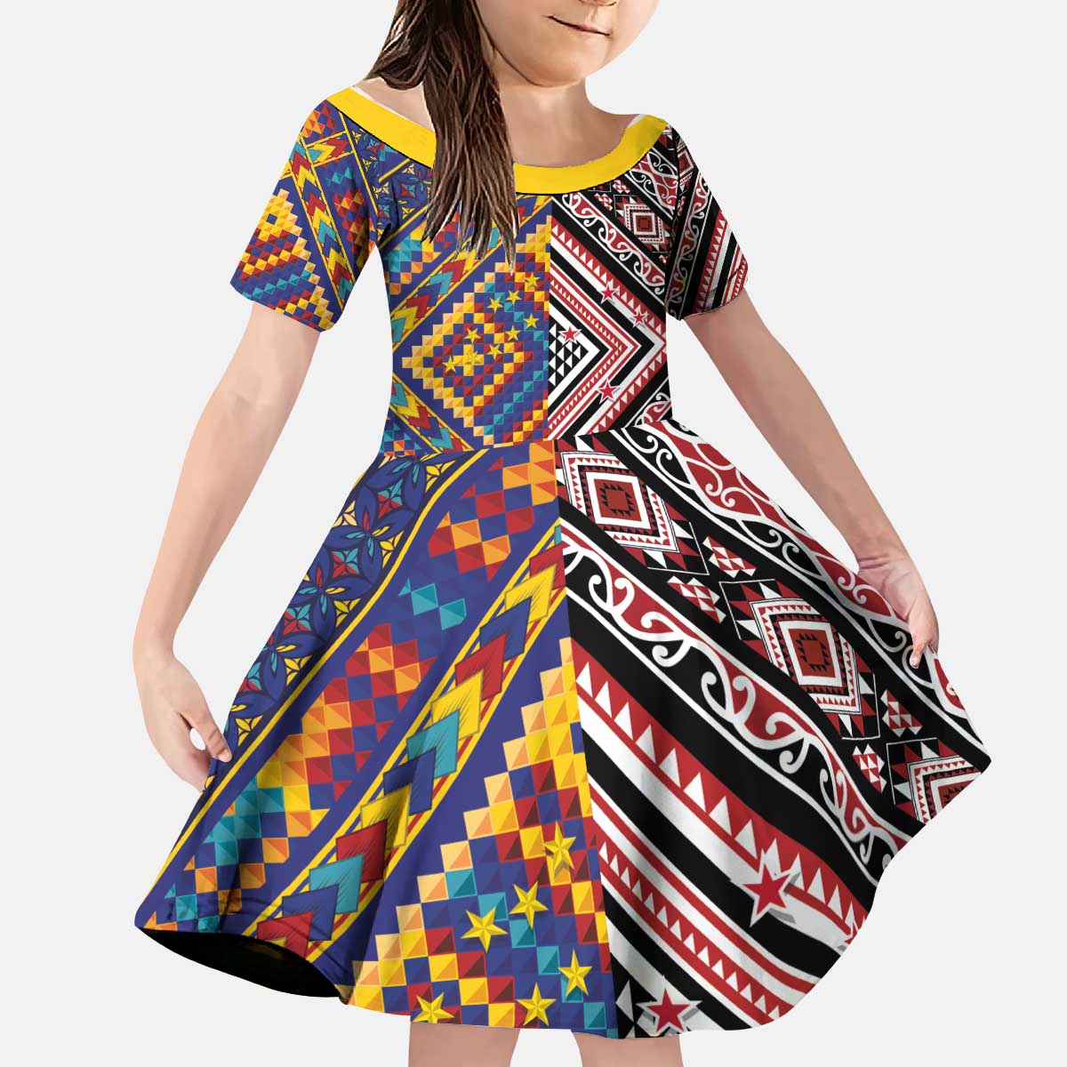 Tuvaluan and New Zealand Culture Kid Short Sleeve Dress The Art of Kolose and Taniko - Polynesian Pride