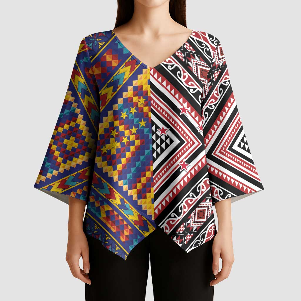 Tuvaluan and New Zealand Culture Kimono Sleeve Blouse The Art of Kolose and Taniko - Polynesian Pride