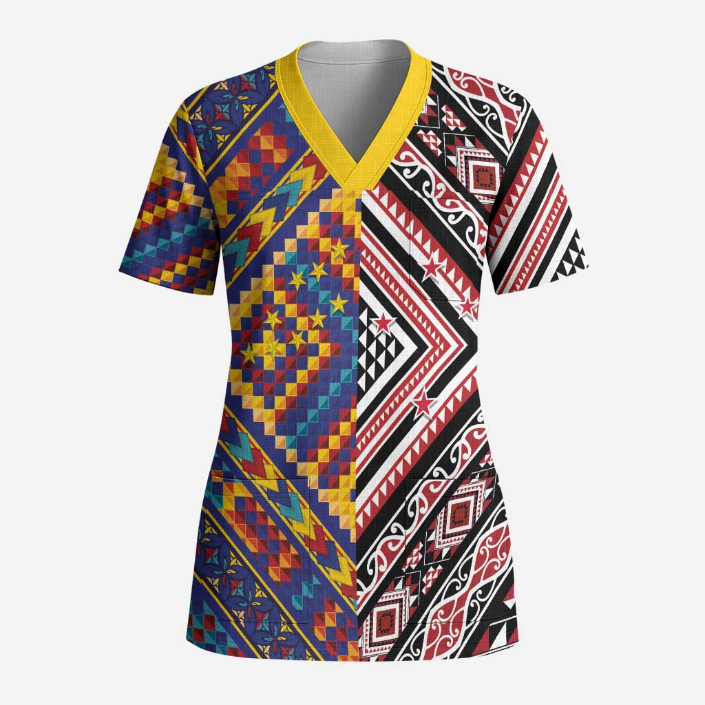 Tuvaluan and New Zealand Culture Scrub Top The Art of Kolose and Taniko - Polynesian Pride