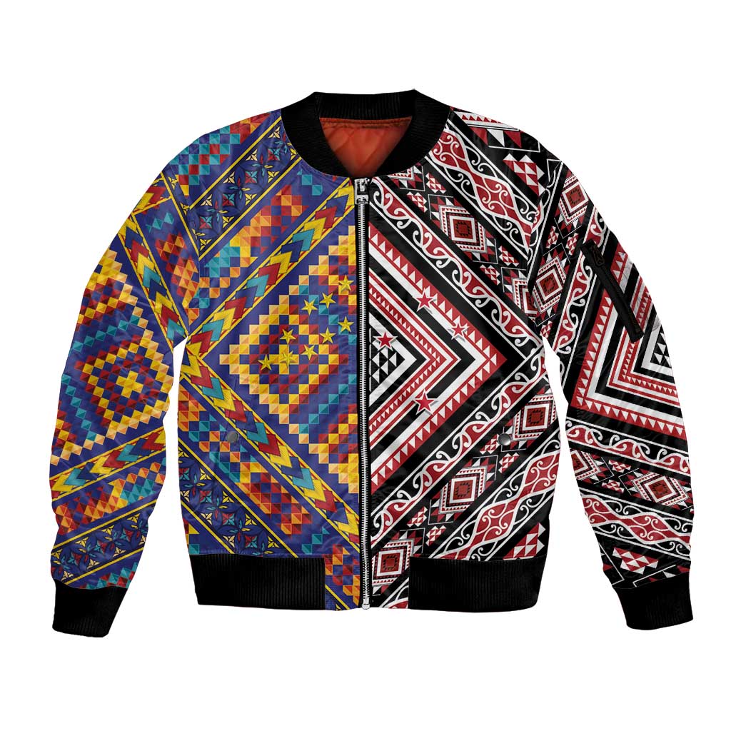 Tuvaluan and New Zealand Culture Sleeve Zip Bomber Jacket The Art of Kolose and Taniko - Polynesian Pride