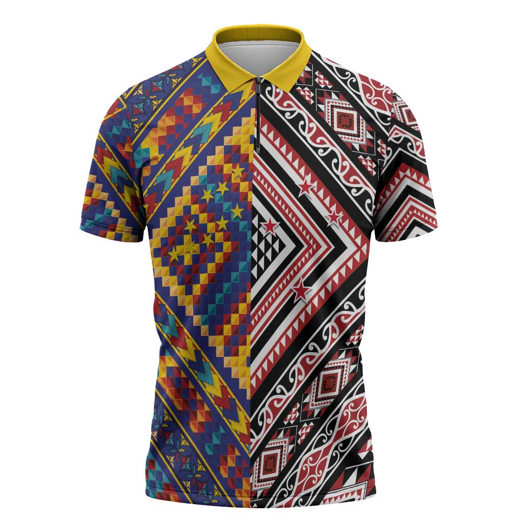 Tuvaluan and New Zealand Culture Zipper Polo Shirt The Art of Kolose and Taniko - Polynesian Pride
