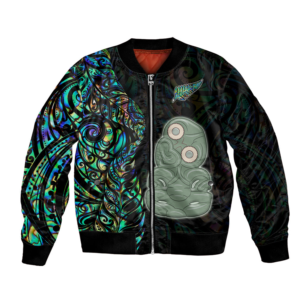 New Zealand Bomber Jacket Silver Fern and Hei Tiki with Papua Shell Maori Tribal LT03 Unisex Black - Polynesian Pride