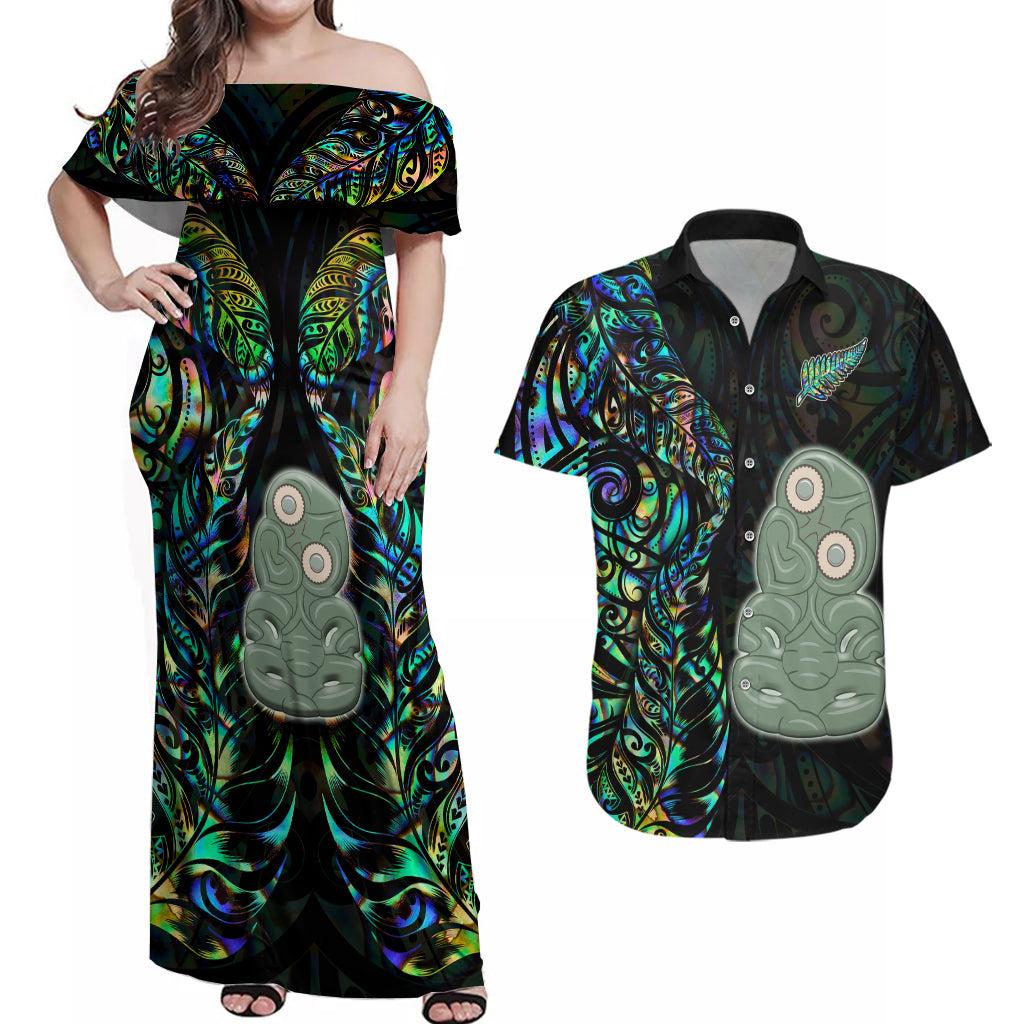 New Zealand Couples Matching Off Shoulder Maxi Dress and Hawaiian Shirt Silver Fern and Hei Tiki with Papua Shell Maori Tribal LT03 Black - Polynesian Pride