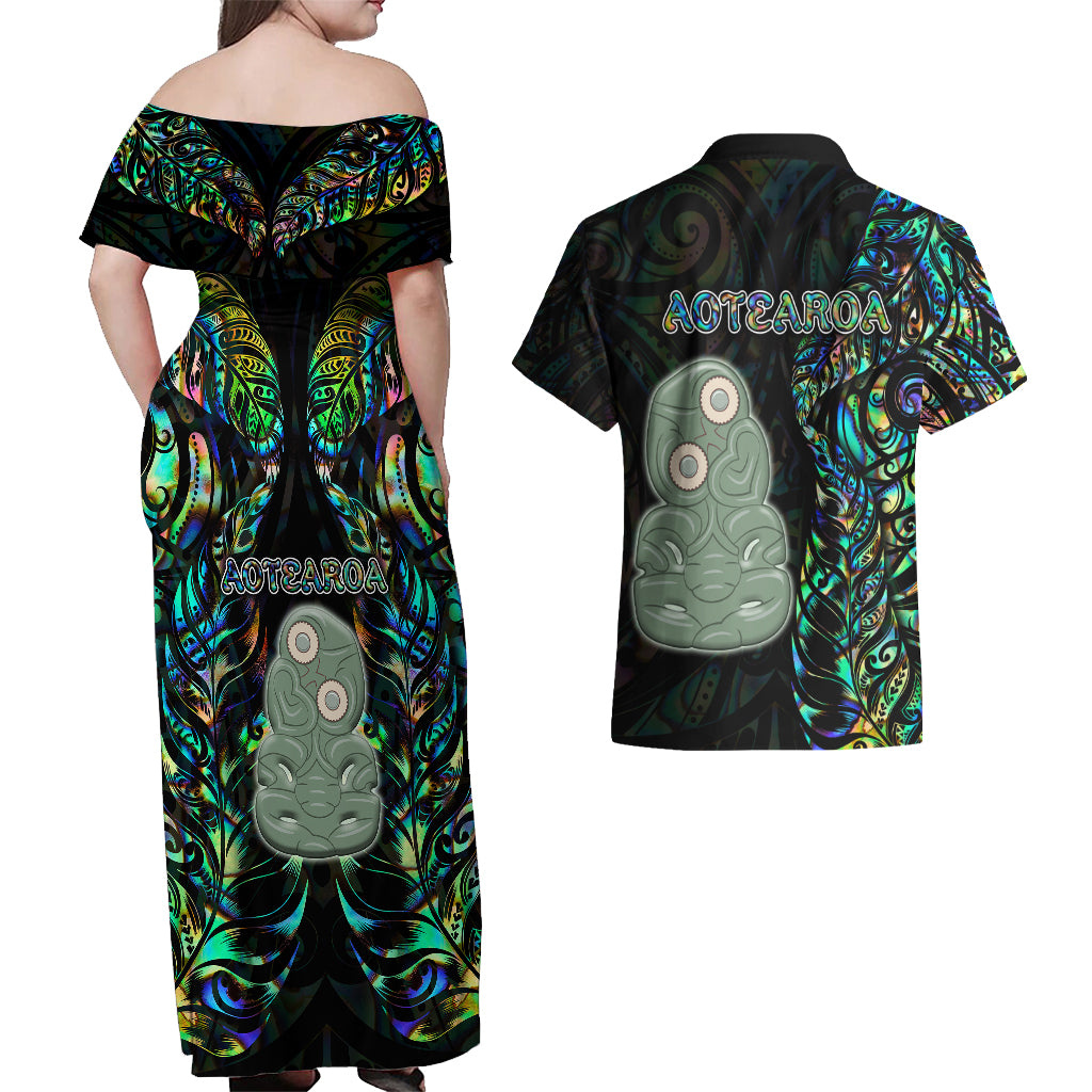 New Zealand Couples Matching Off Shoulder Maxi Dress and Hawaiian Shirt Silver Fern and Hei Tiki with Papua Shell Maori Tribal LT03 - Polynesian Pride