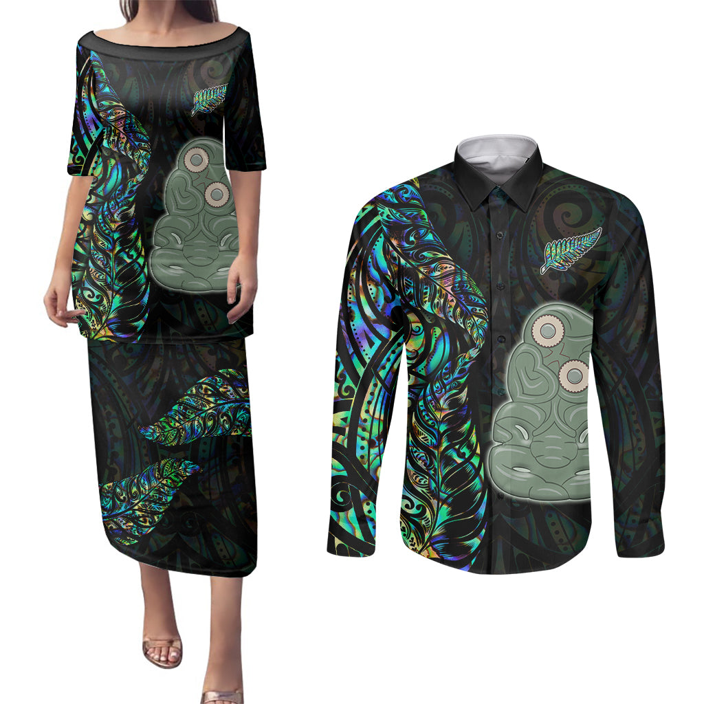 New Zealand Couples Matching Puletasi Dress and Long Sleeve Button Shirts Silver Fern and Hei Tiki with Papua Shell Maori Tribal LT03 Black - Polynesian Pride