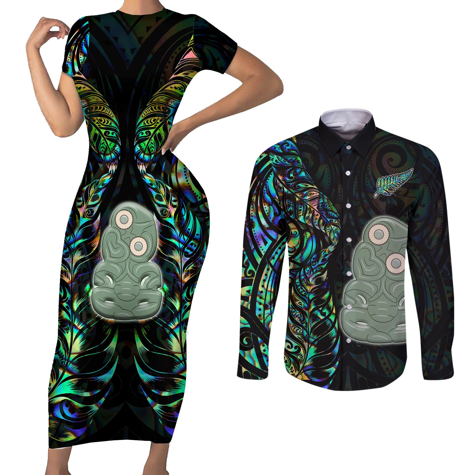 New Zealand Couples Matching Short Sleeve Bodycon Dress and Long Sleeve Button Shirts Silver Fern and Hei Tiki with Papua Shell Maori Tribal LT03 Black - Polynesian Pride
