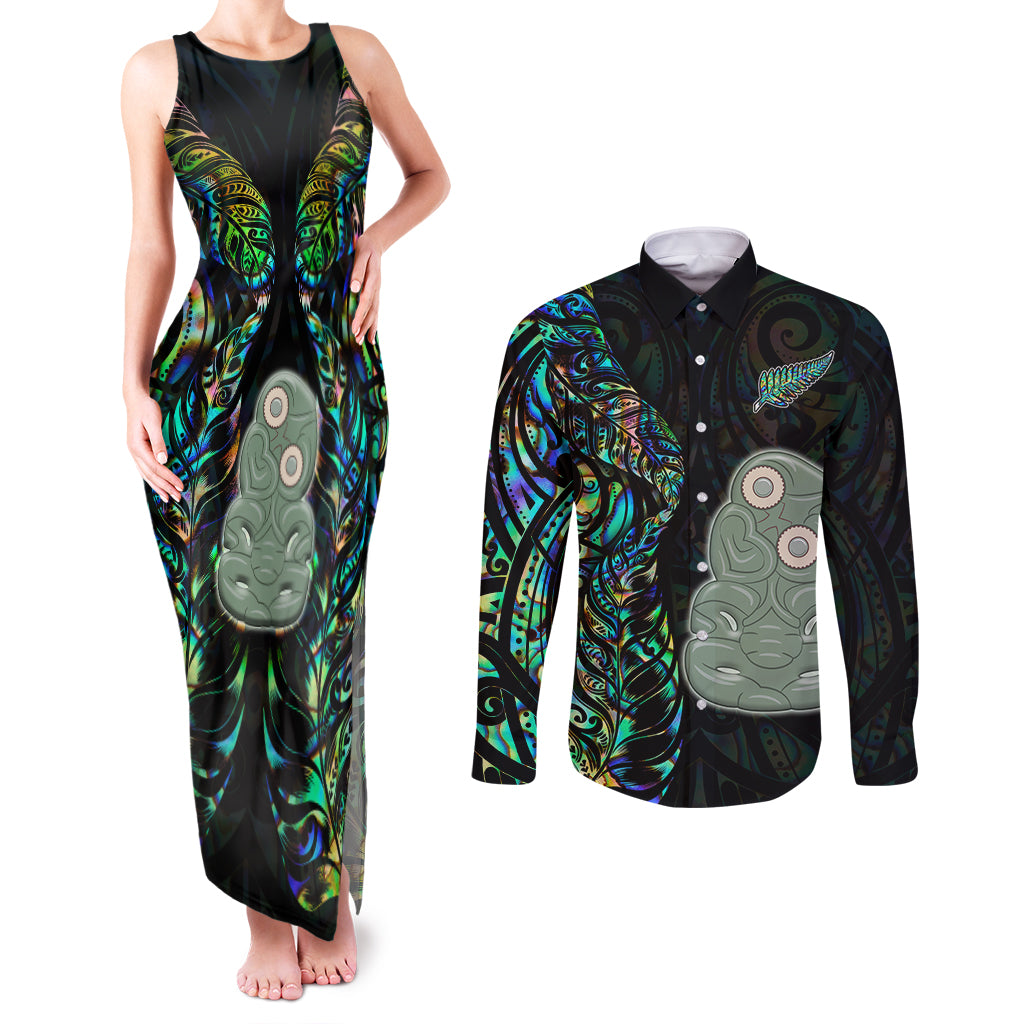 New Zealand Couples Matching Tank Maxi Dress and Long Sleeve Button Shirts Silver Fern and Hei Tiki with Papua Shell Maori Tribal LT03 Black - Polynesian Pride