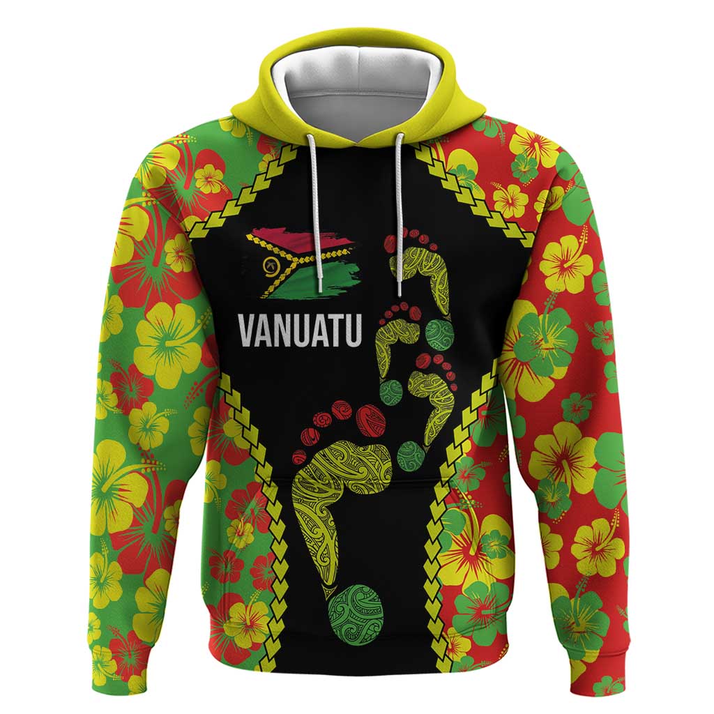 Personalised Vanuatu Running Hoodie Footprint and Hibiscus Polynesian Style LT03 Pullover Hoodie Black - Polynesian Pride