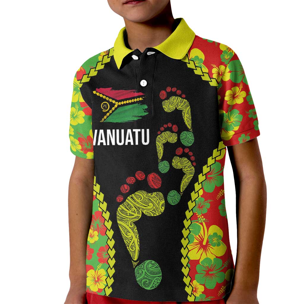 Personalised Vanuatu Running Kid Polo Shirt Footprint and Hibiscus Polynesian Style LT03 Kid Black - Polynesian Pride