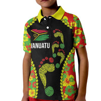 Personalised Vanuatu Running Kid Polo Shirt Footprint and Hibiscus Polynesian Style LT03 Kid Black - Polynesian Pride