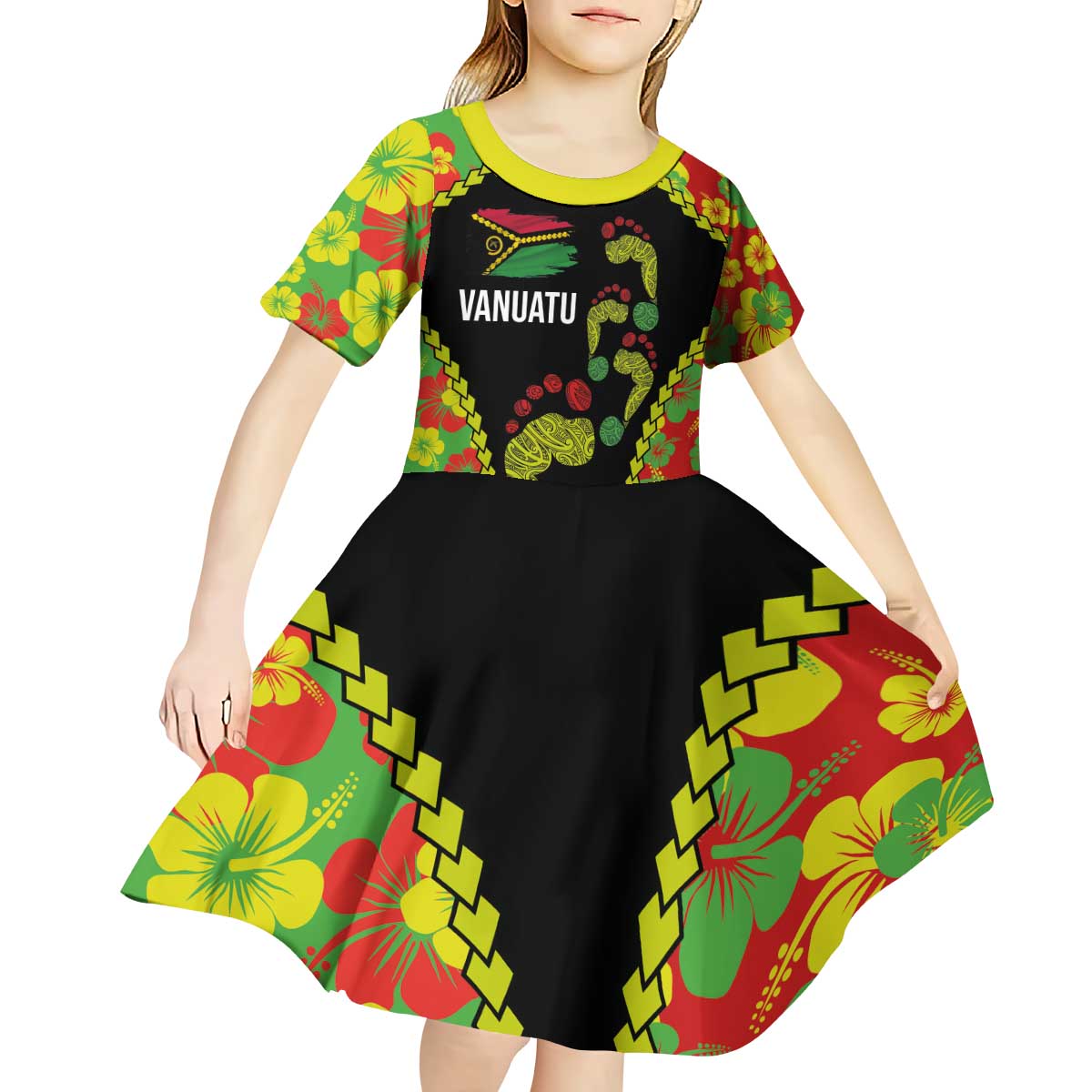Personalised Vanuatu Running Kid Short Sleeve Dress Footprint and Hibiscus Polynesian Style LT03 - Polynesian Pride