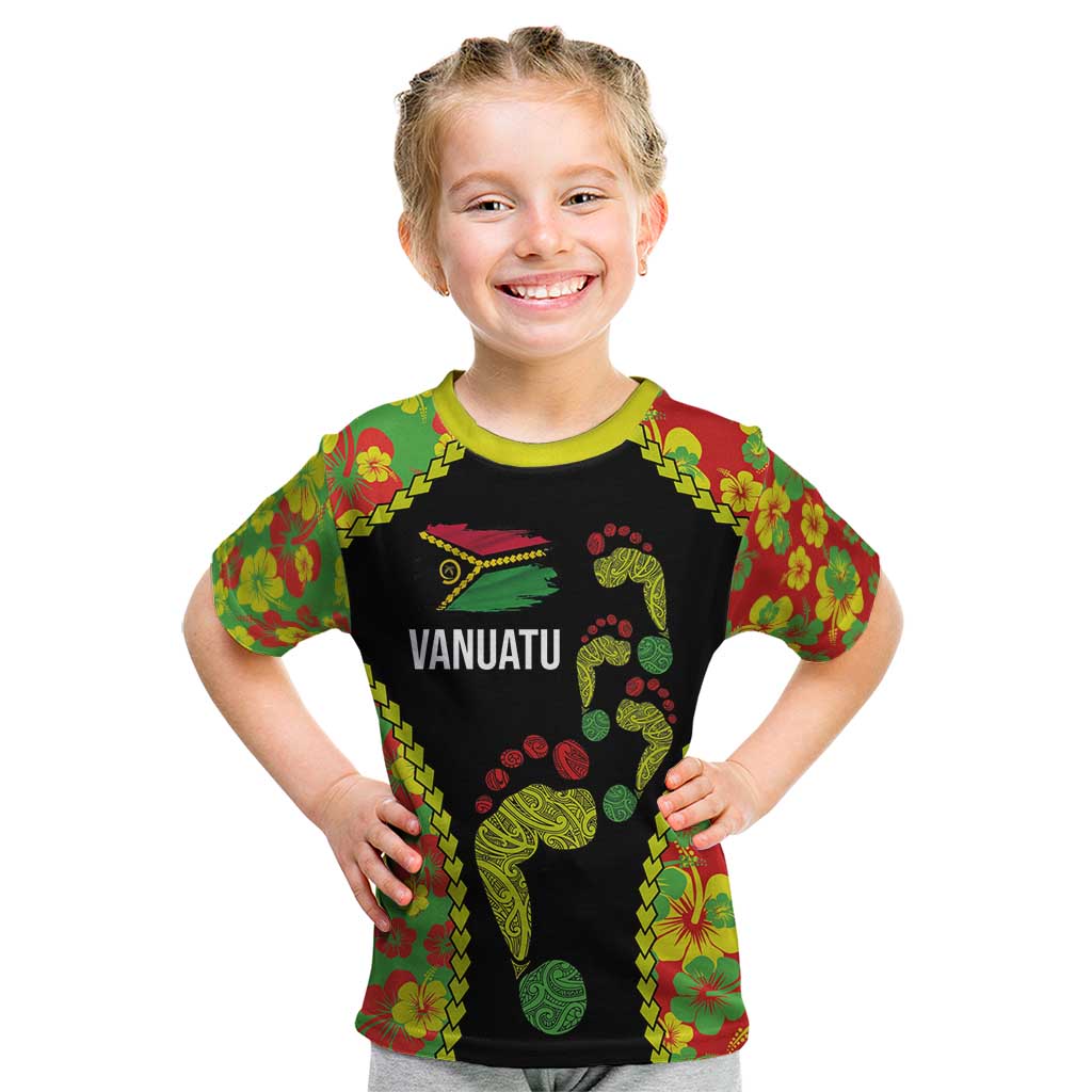 Personalised Vanuatu Running Kid T Shirt Footprint and Hibiscus Polynesian Style LT03 Black - Polynesian Pride