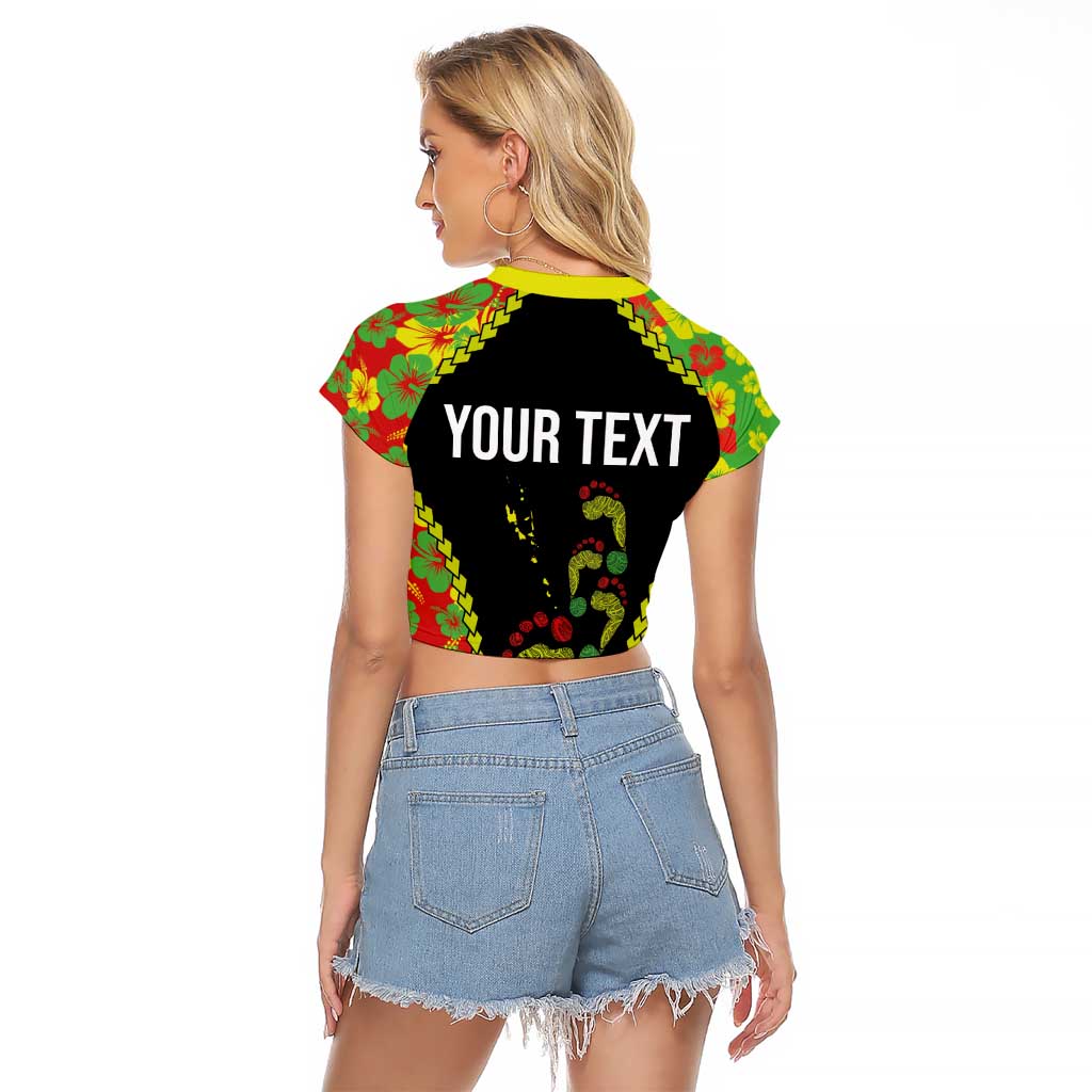 Personalised Vanuatu Running Raglan Cropped T Shirt Footprint and Hibiscus Polynesian Style LT03 - Polynesian Pride