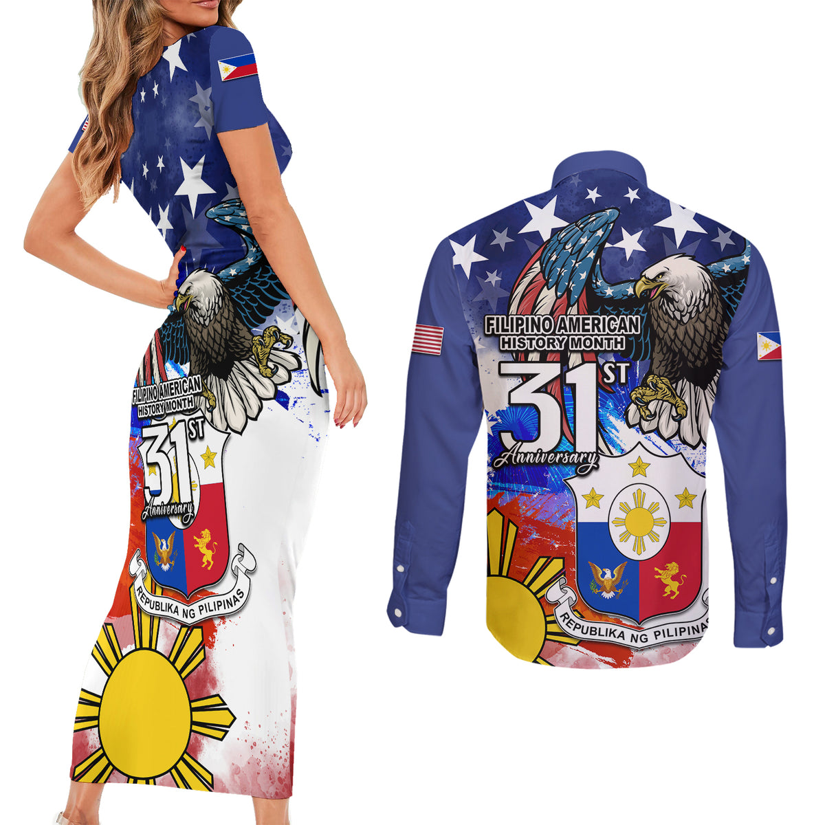 Filipino American History Month Couples Matching Short Sleeve Bodycon Dress and Long Sleeve Button Shirts Filipino Coat Of Arms and American Eagle Splash Style LT03 - Polynesian Pride