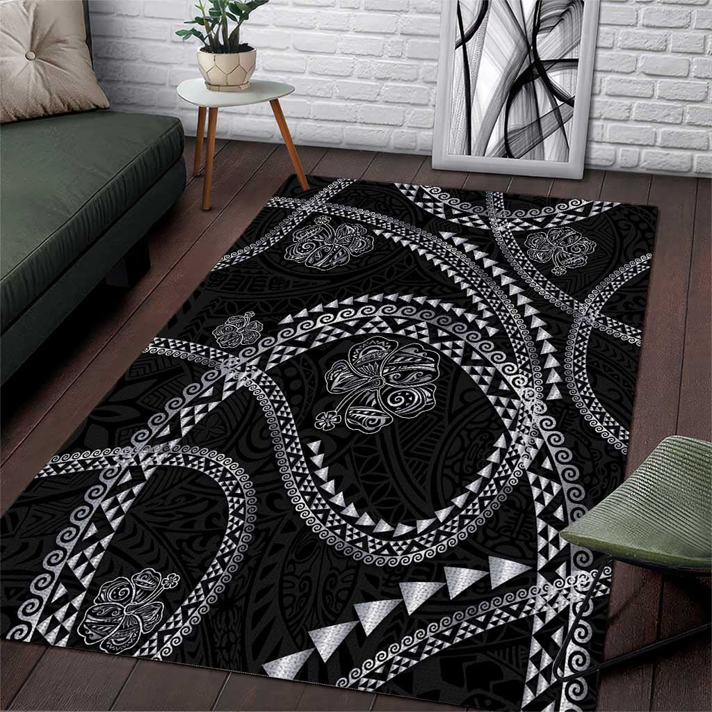 Hawaiian Kakau Art and Hisbiscus Tattoo Area Rug Tribal Pattern-Silver Style - Polynesian Pride
