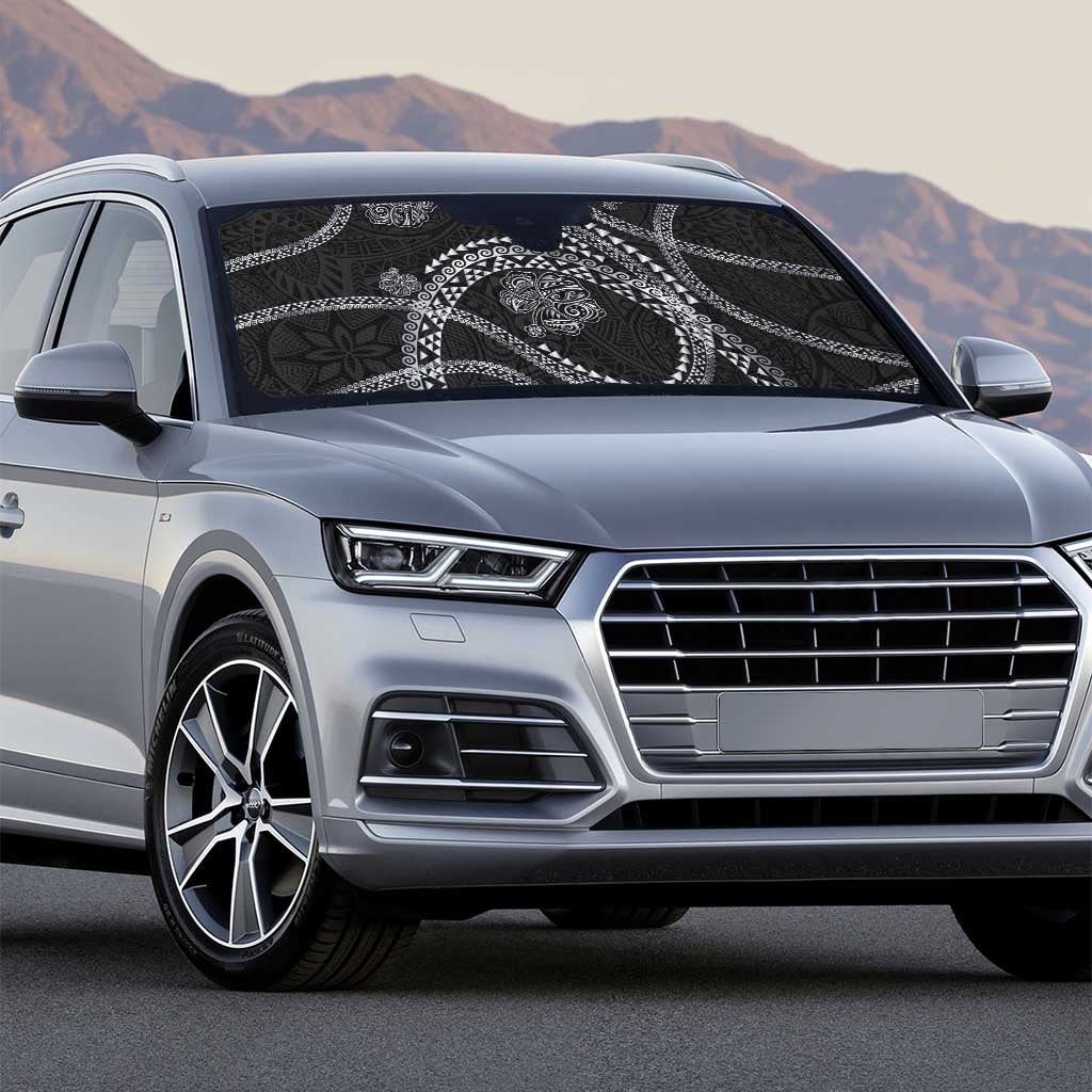 Hawaiian Kakau Art and Hisbiscus Tattoo Auto Sun Shade Tribal Pattern-Silver Style - Polynesian Pride