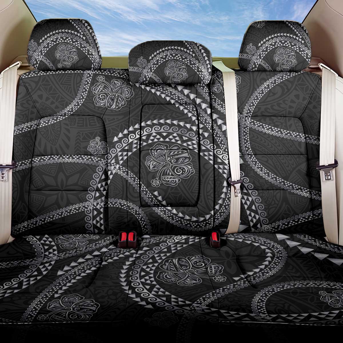 Hawaiian Kakau Art and Hisbiscus Tattoo Back Car Seat Cover Tribal Pattern-Silver Style - Polynesian Pride