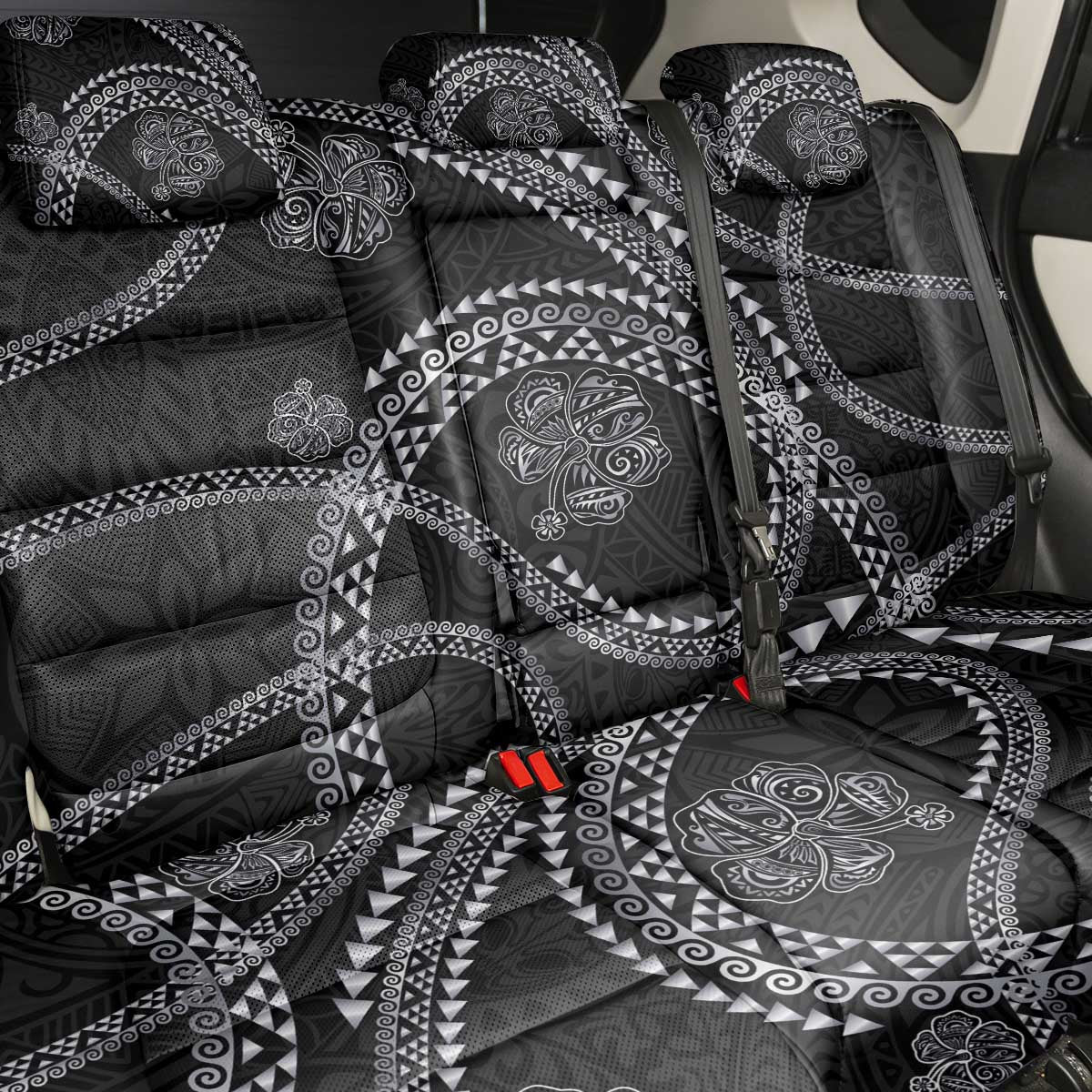 Hawaiian Kakau Art and Hisbiscus Tattoo Back Car Seat Cover Tribal Pattern-Silver Style - Polynesian Pride