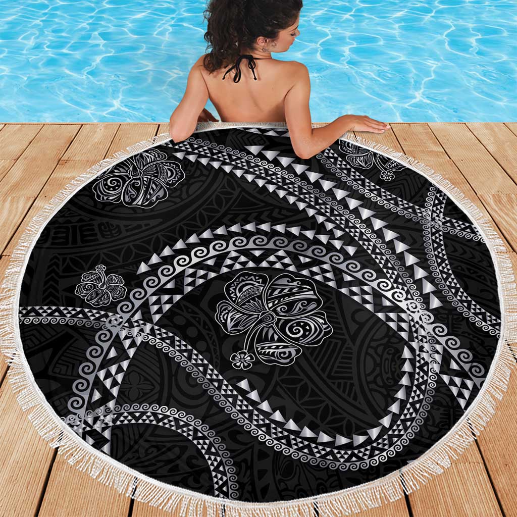 Hawaiian Kakau Art and Hisbiscus Tattoo Beach Blanket Tribal Pattern-Silver Style - Polynesian Pride