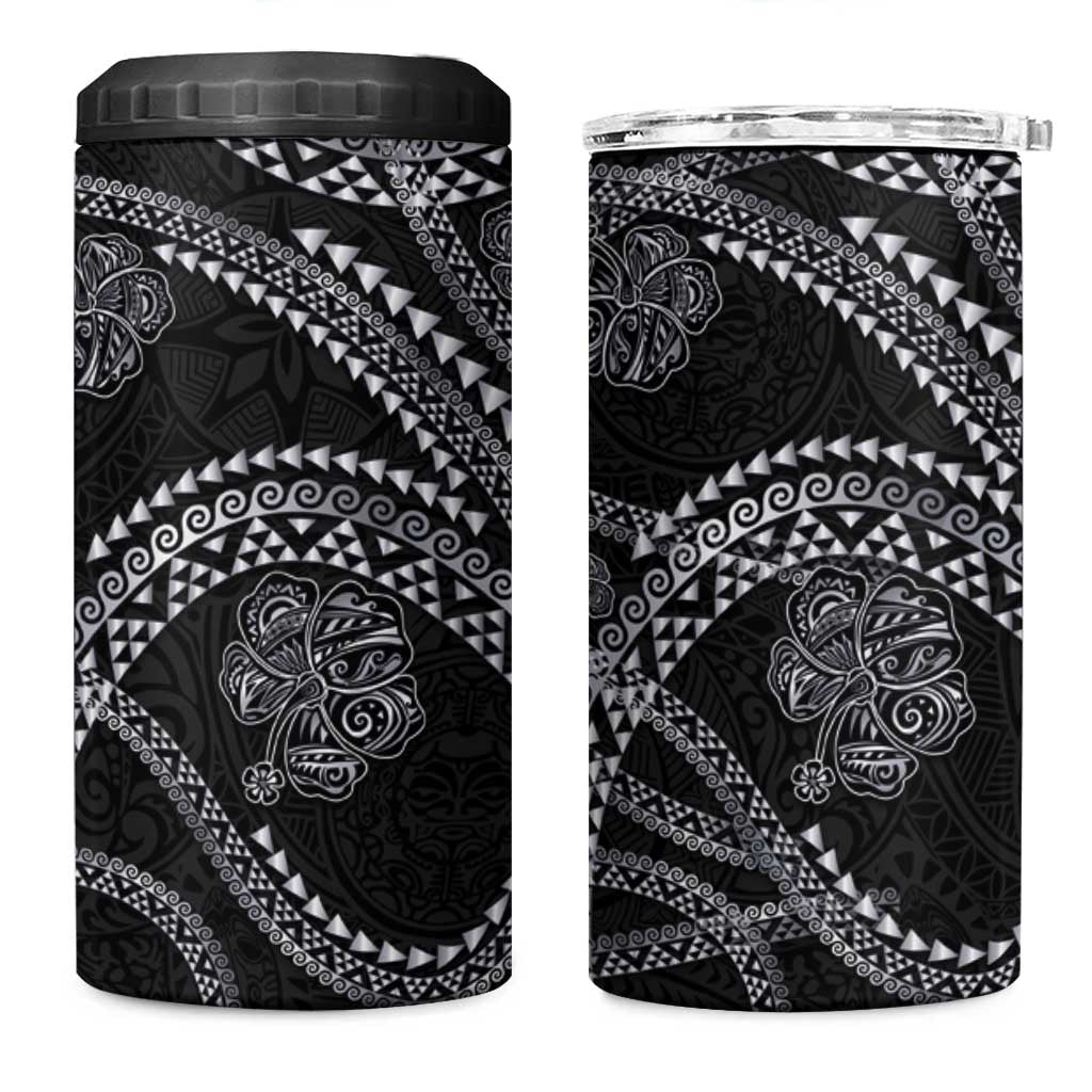 Hawaiian Kakau Art and Hisbiscus Tattoo 4 in 1 Can Cooler Tumbler Tribal Pattern-Silver Style - Polynesian Pride