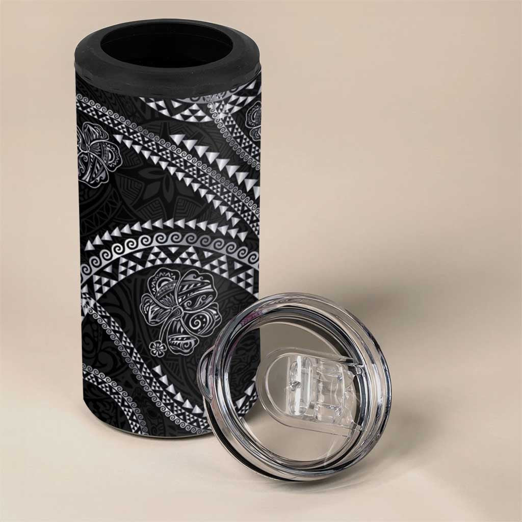 Hawaiian Kakau Art and Hisbiscus Tattoo 4 in 1 Can Cooler Tumbler Tribal Pattern-Silver Style - Polynesian Pride