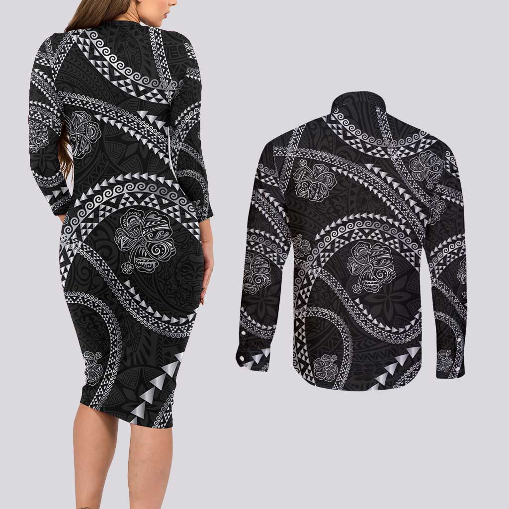 Hawaiian Kakau Art and Hisbiscus Tattoo Couples Matching Long Sleeve Bodycon Dress and Long Sleeve Button Shirt Tribal Pattern-Silver Style - Polynesian Pride