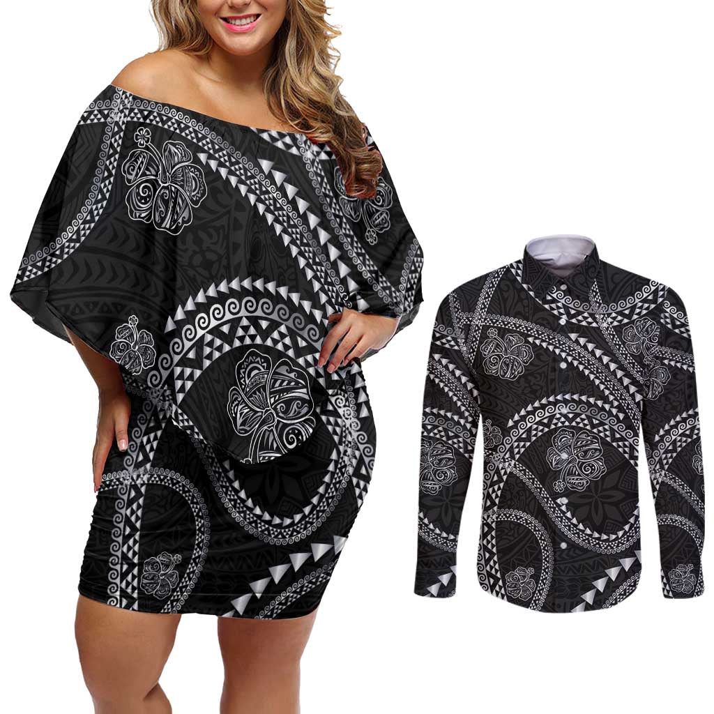 Hawaiian Kakau Art and Hisbiscus Tattoo Couples Matching Off Shoulder Short Dress and Long Sleeve Button Shirt Tribal Pattern-Silver Style - Polynesian Pride