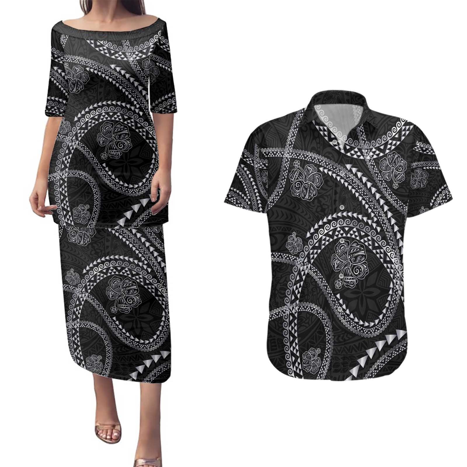Hawaiian Kakau Art and Hisbiscus Tattoo Couples Matching Puletasi and Hawaiian Shirt Tribal Pattern-Silver Style - Polynesian Pride