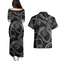 Hawaiian Kakau Art and Hisbiscus Tattoo Couples Matching Puletasi and Hawaiian Shirt Tribal Pattern-Silver Style - Polynesian Pride