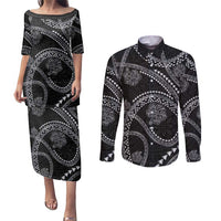Hawaiian Kakau Art and Hisbiscus Tattoo Couples Matching Puletasi and Long Sleeve Button Shirt Tribal Pattern-Silver Style - Polynesian Pride