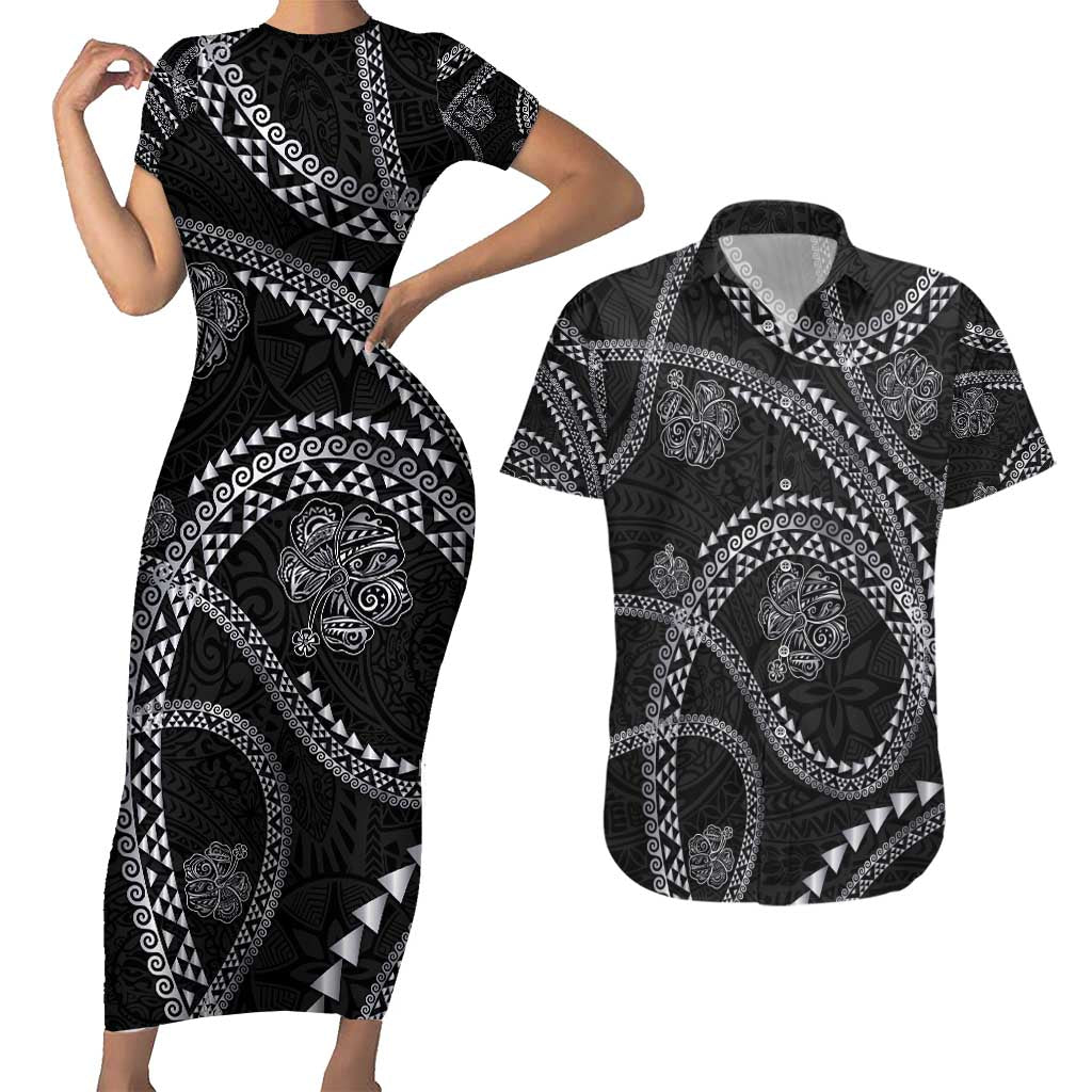 Hawaiian Kakau Art and Hisbiscus Tattoo Couples Matching Short Sleeve Bodycon Dress and Hawaiian Shirt Tribal Pattern-Silver Style - Polynesian Pride