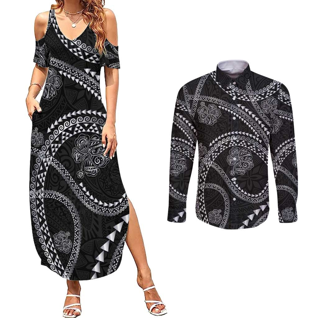 Hawaiian Kakau Art and Hisbiscus Tattoo Couples Matching Summer Maxi Dress and Long Sleeve Button Shirt Tribal Pattern-Silver Style - Polynesian Pride