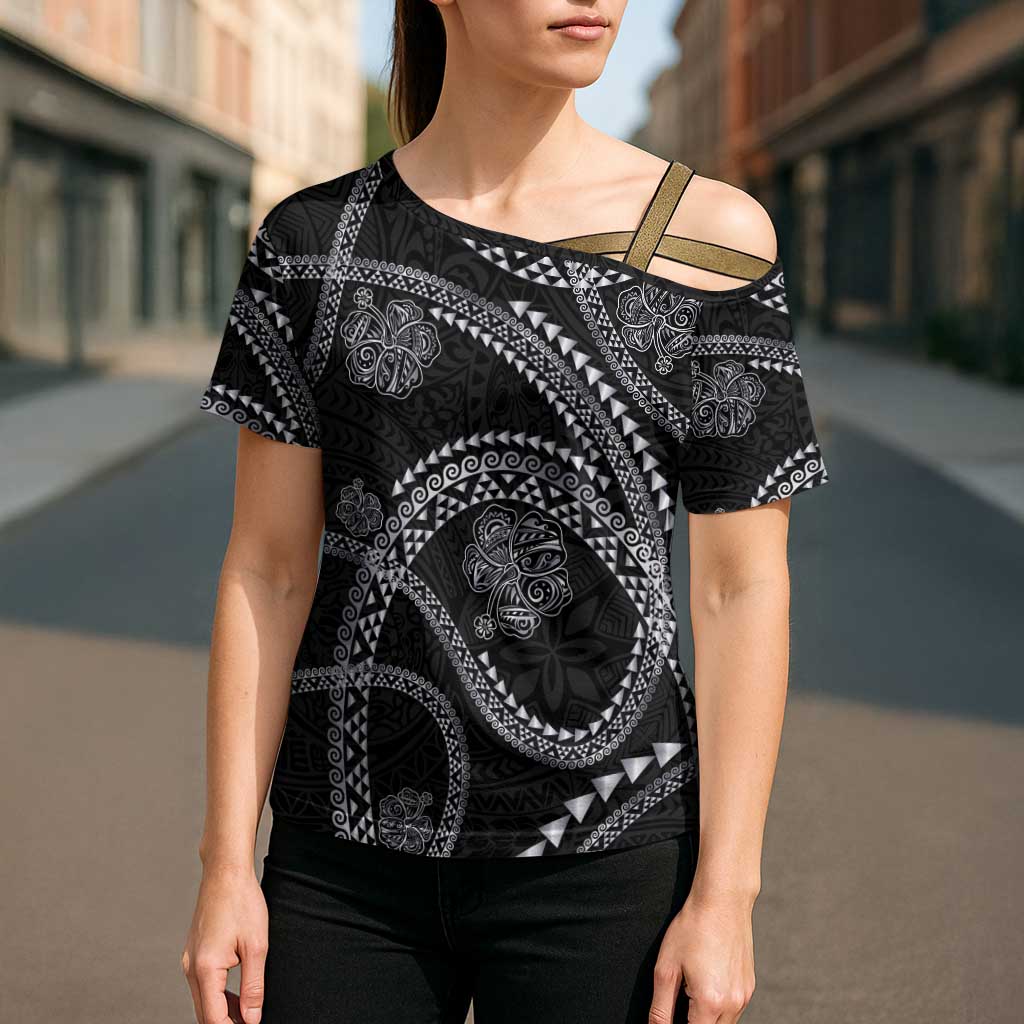 Hawaiian Kakau Art and Hisbiscus Tattoo Cross Shoulder Shirt Tribal Pattern-Silver Style - Polynesian Pride