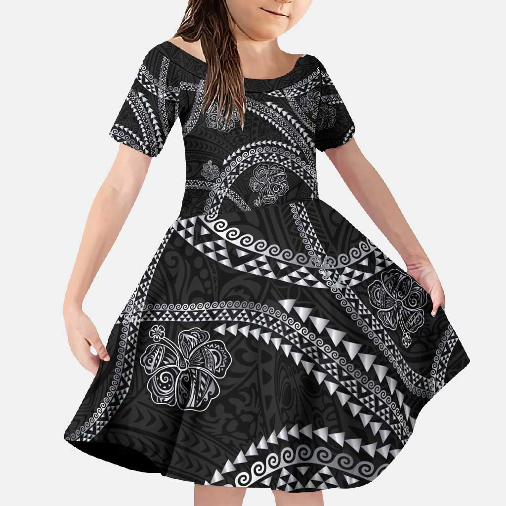 Hawaiian Kakau Art and Hisbiscus Tattoo Family Matching Long Sleeve Bodycon Dress and Hawaiian Shirt Tribal Pattern-Silver Style - Polynesian Pride