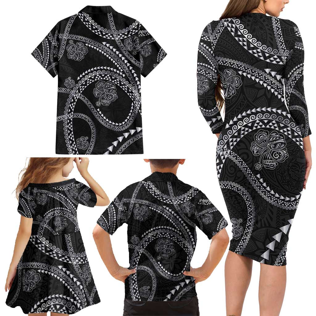 Hawaiian Kakau Art and Hisbiscus Tattoo Family Matching Long Sleeve Bodycon Dress and Hawaiian Shirt Tribal Pattern-Silver Style - Polynesian Pride