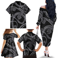 Hawaiian Kakau Art and Hisbiscus Tattoo Family Matching Off The Shoulder Long Sleeve Dress and Hawaiian Shirt Tribal Pattern-Silver Style - Polynesian Pride