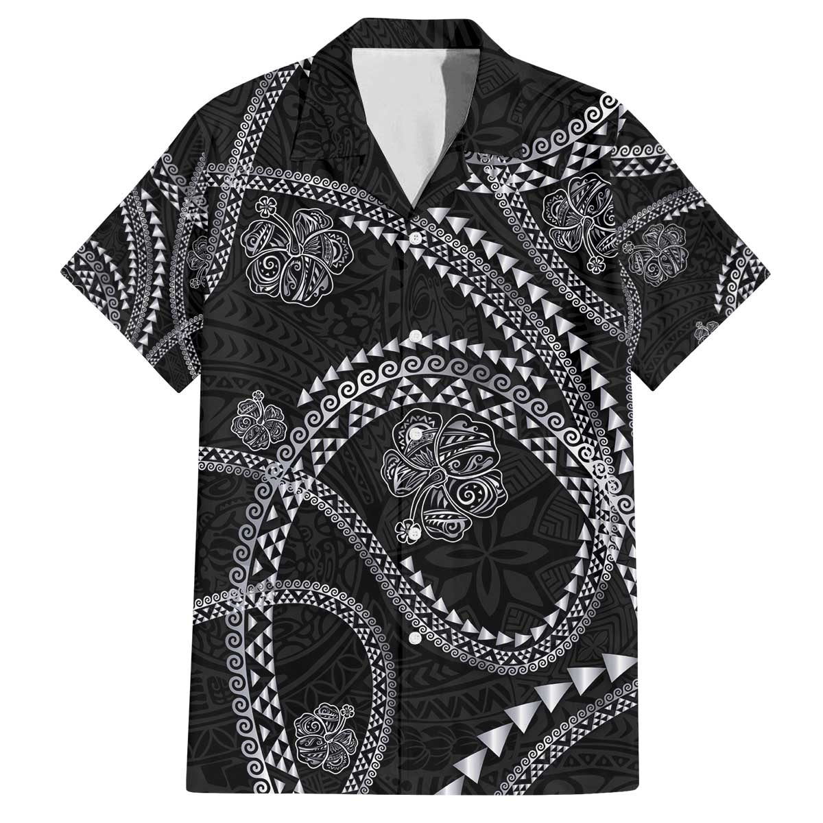 Hawaiian Kakau Art and Hisbiscus Tattoo Family Matching Off The Shoulder Long Sleeve Dress and Hawaiian Shirt Tribal Pattern-Silver Style - Polynesian Pride