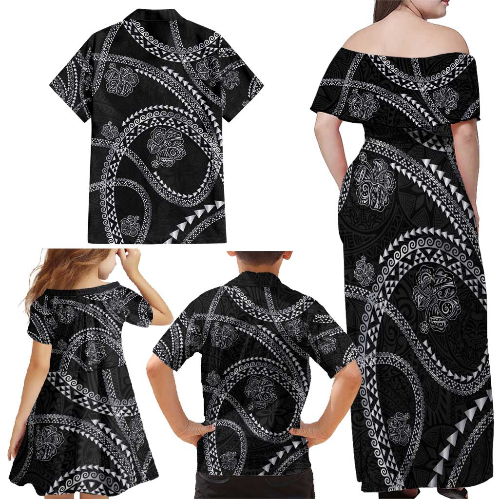 Hawaiian Kakau Art and Hisbiscus Tattoo Family Matching Off Shoulder Maxi Dress and Hawaiian Shirt Tribal Pattern-Silver Style - Polynesian Pride
